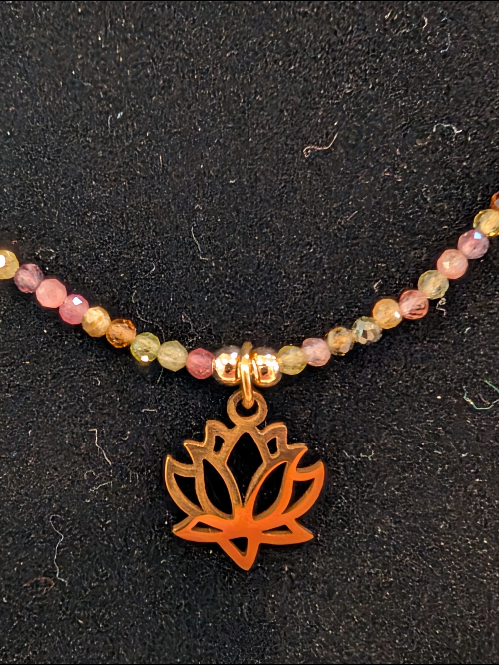 Tourmaline Gemstone Necklace | 2mm Multi-Color Tourmaline Beads | Gold Lotus Pen